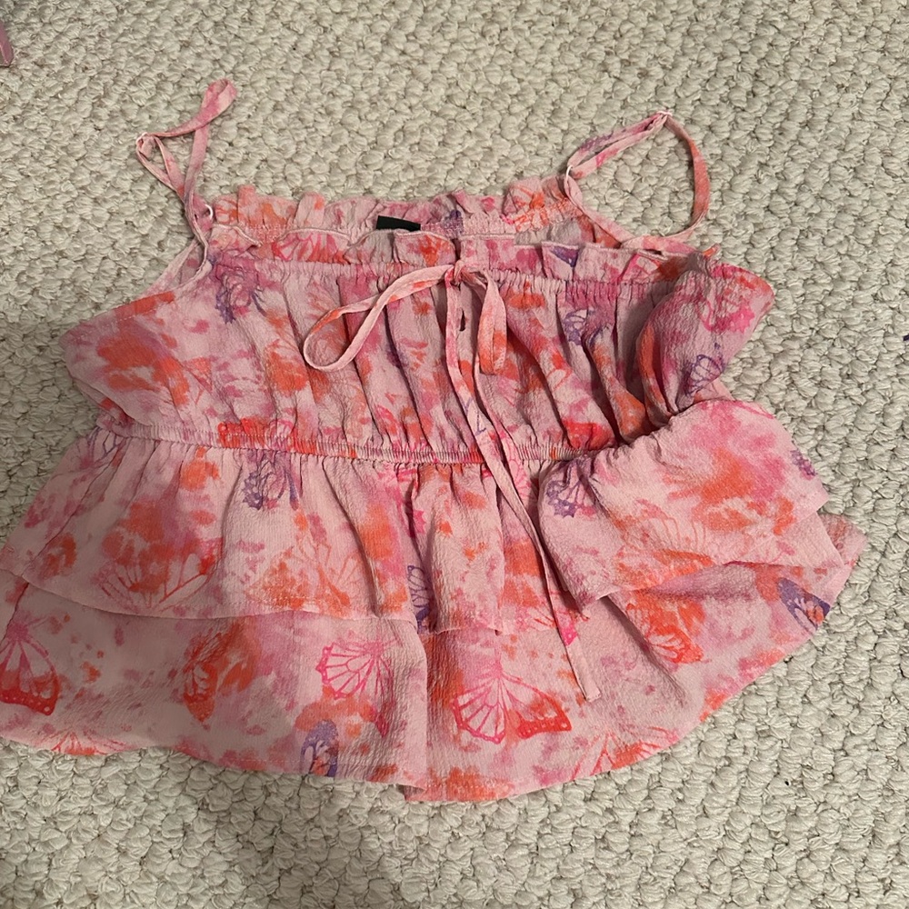 Wild Fable Pink and Purple Butterfly Ruffled Camisole